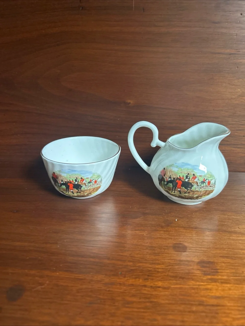 Classic White Porcelain Creamer and Sugar Bowl with Equestrian Hunt Scene